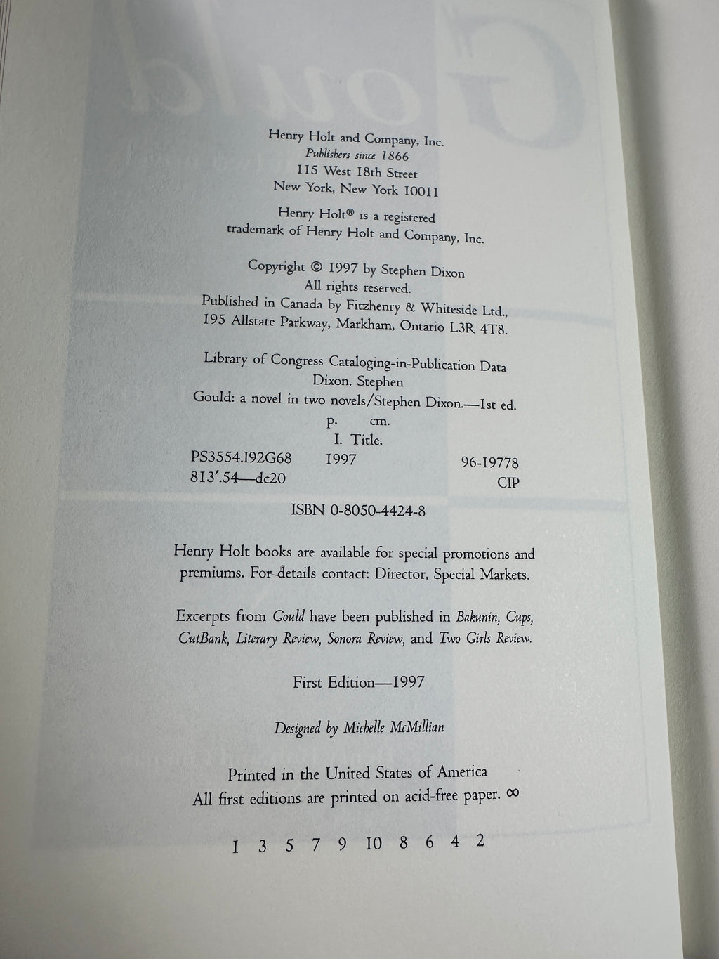 Gould: A Novel in Two Novels SIGNED by Stephen Dixon