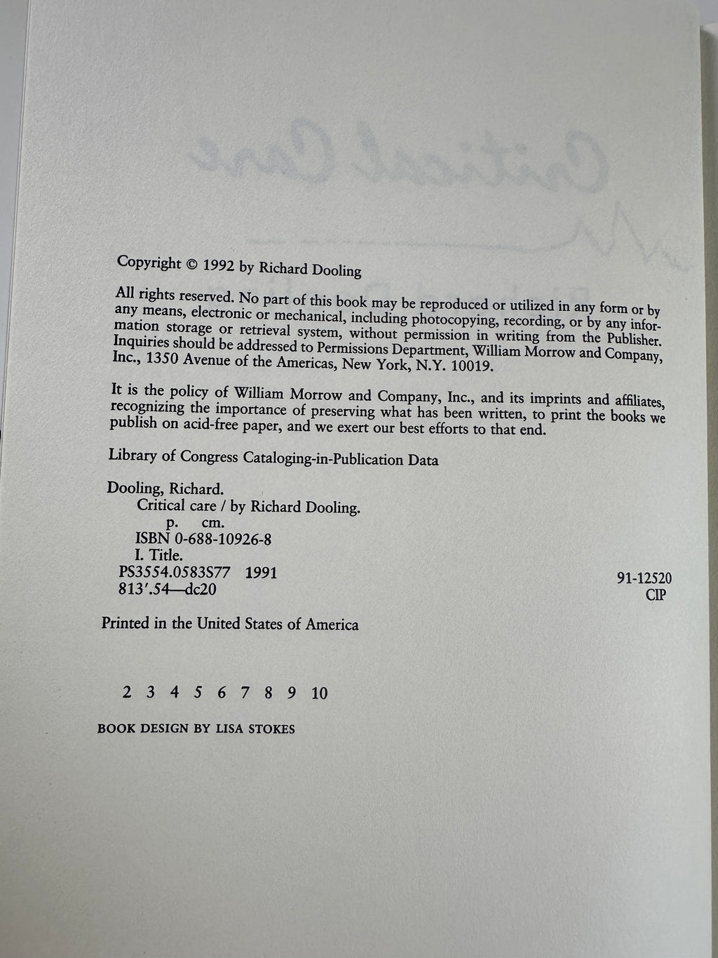 Critical Care SIGNED by Richard Dooling
