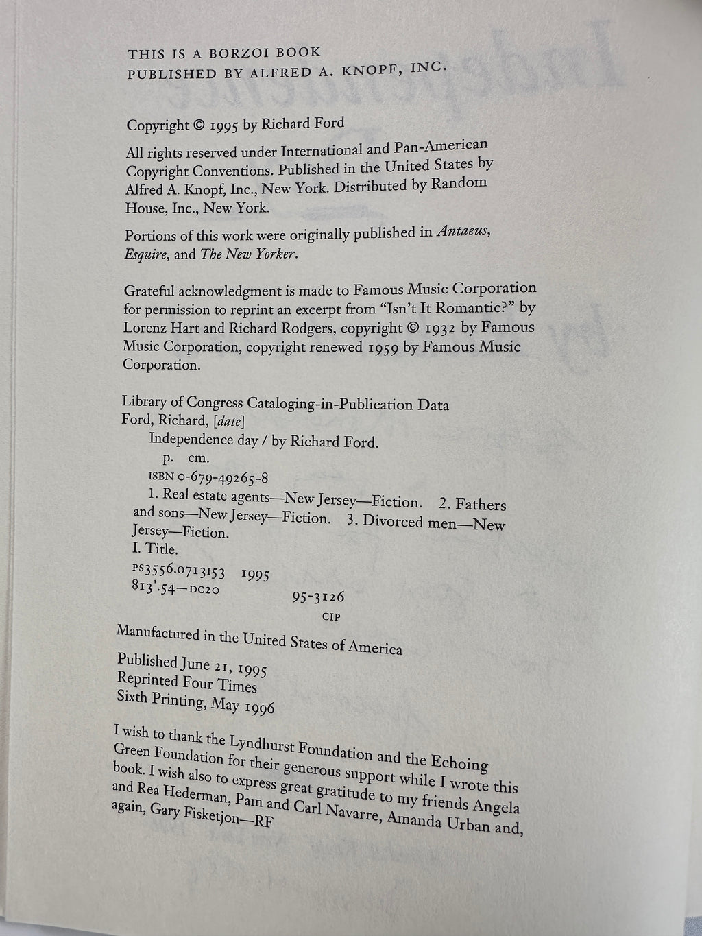 Independence Day: A Novel SIGNED by Richard Ford
