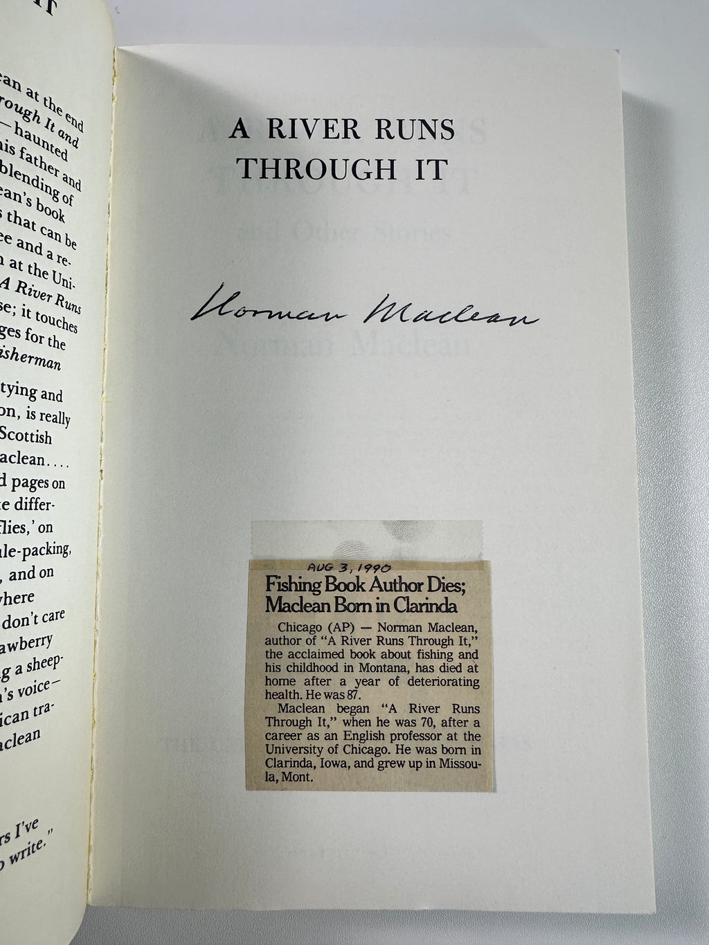 A River Runs Through It SIGNED by Norman Maclean + Original 1983 Montana Photograph & Ephemera