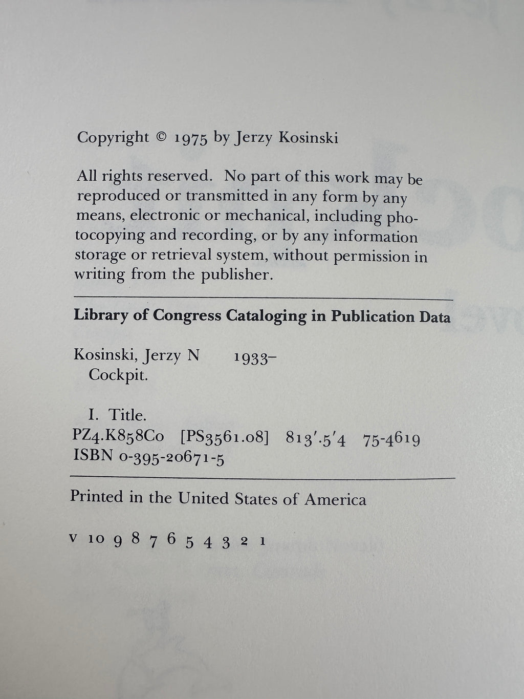 Cockpit: A Novel SIGNED by Jerry Kosinski