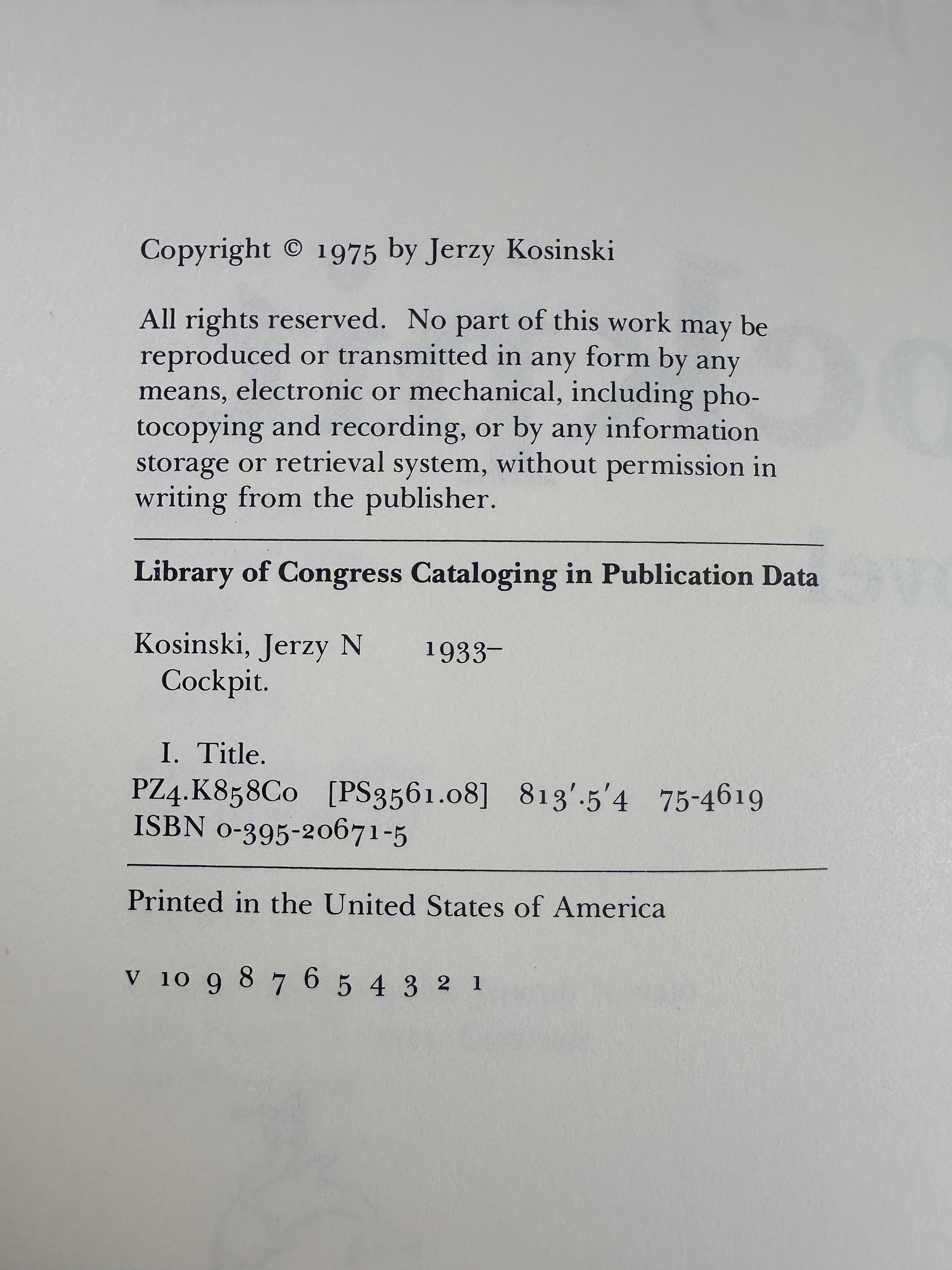 Cockpit: A Novel SIGNED by Jerry Kosinski