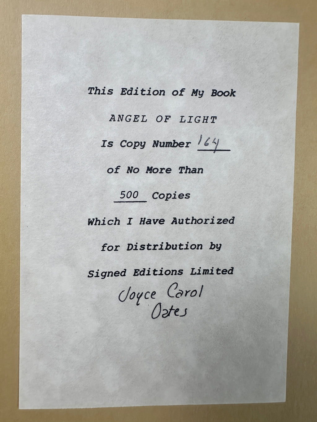 Angel of Light by Joyce Carol Oates SIGNED Limited Edition (#164/500) First Edition