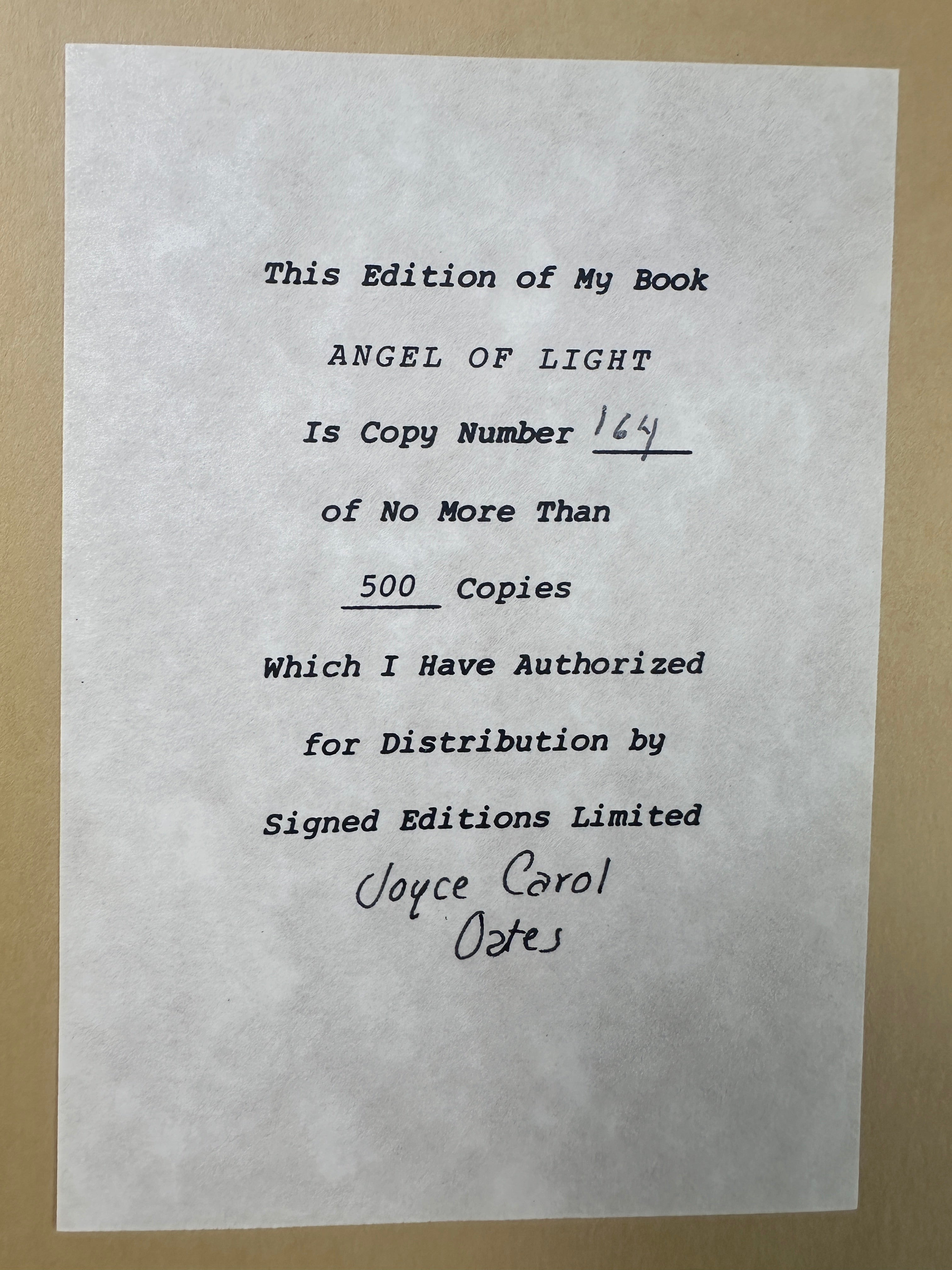 Angel of Light by Joyce Carol Oates SIGNED Limited Edition (#164/500) First Edition