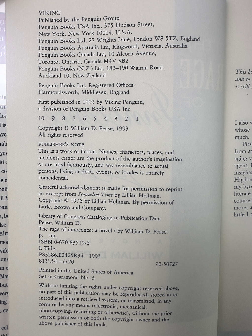 The Rage of Innocence SIGNED by William D. Pease