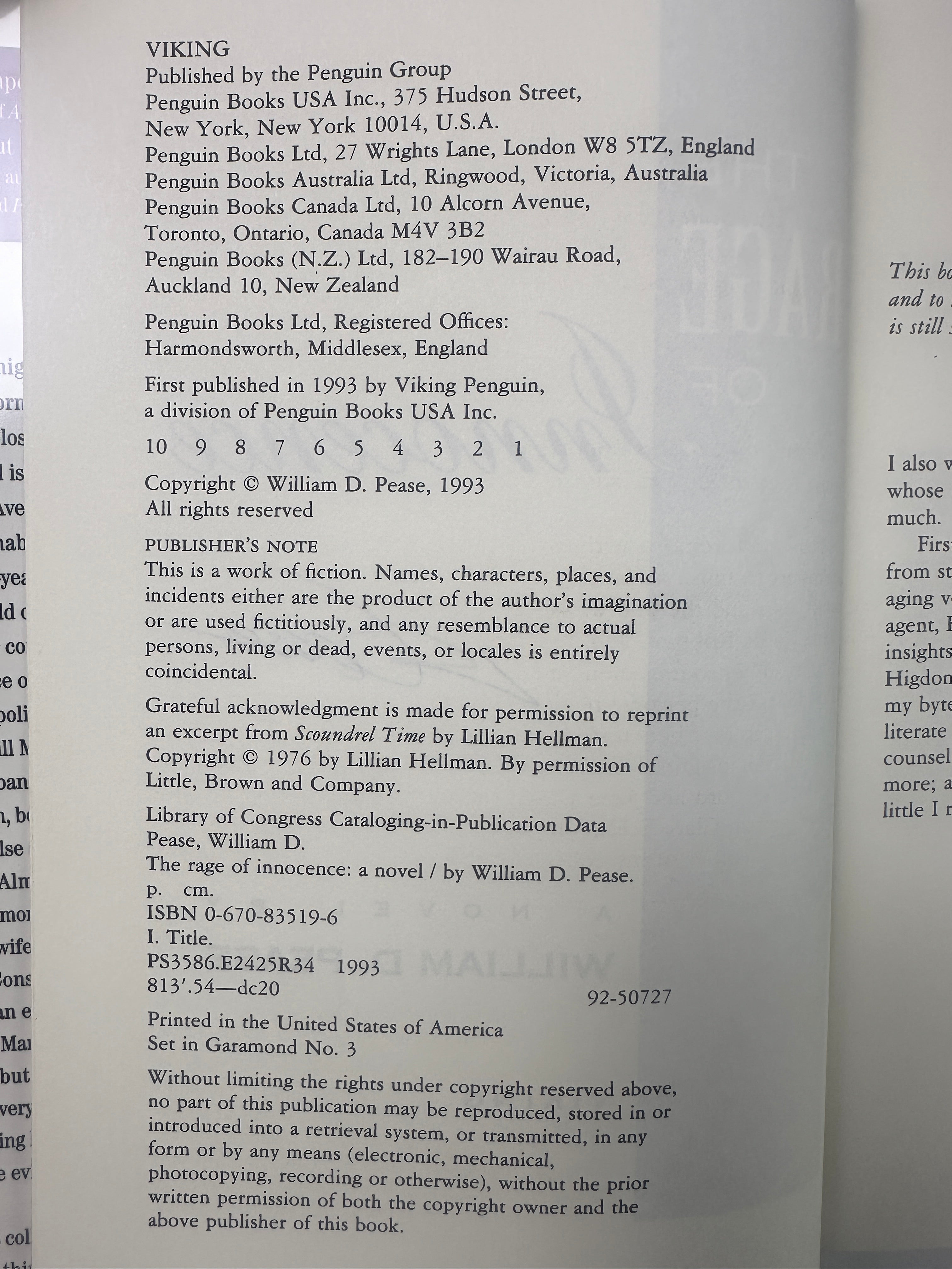 The Rage of Innocence SIGNED by William D. Pease