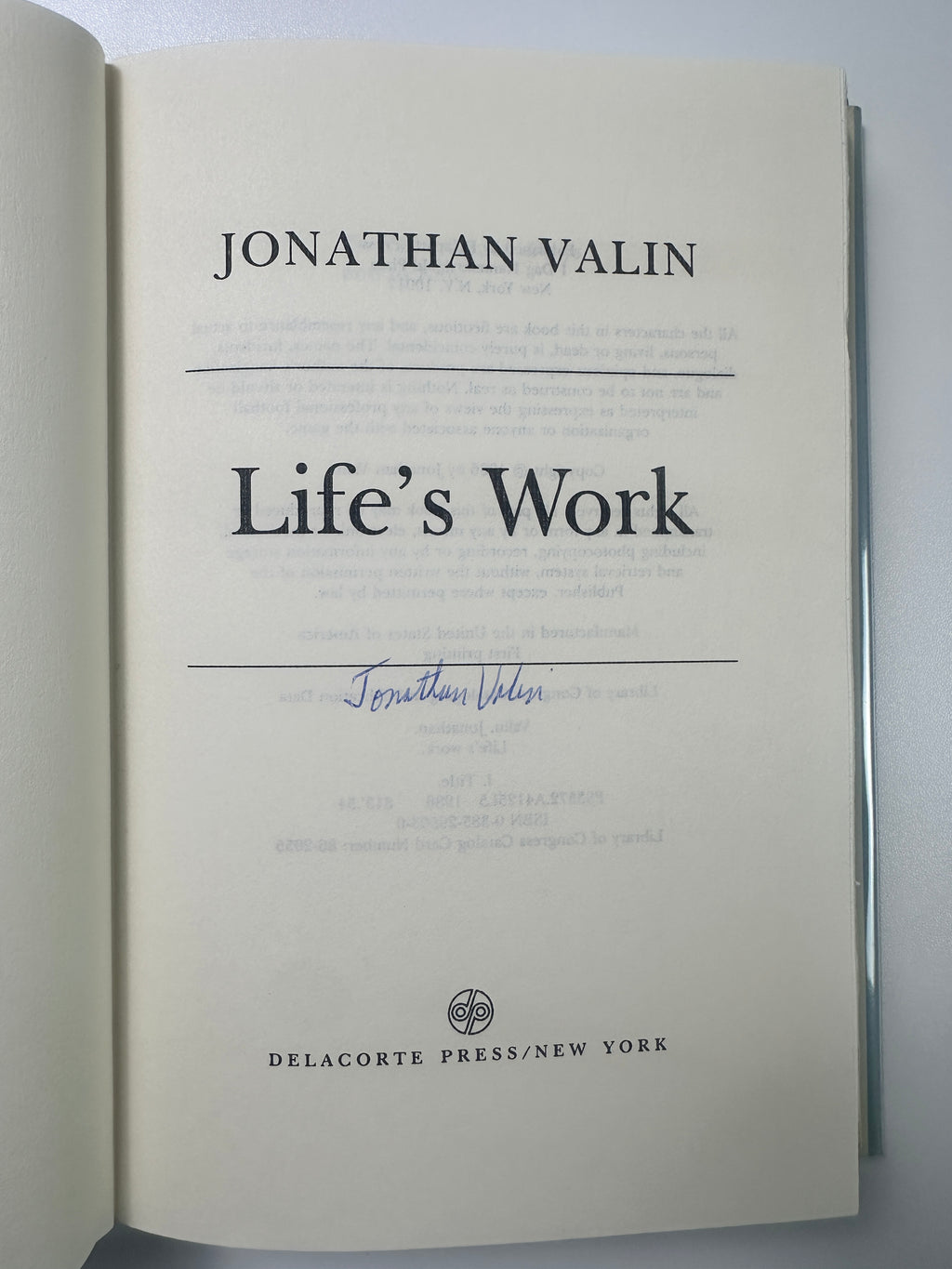 Life's Work SIGNED by Jonathan Valin