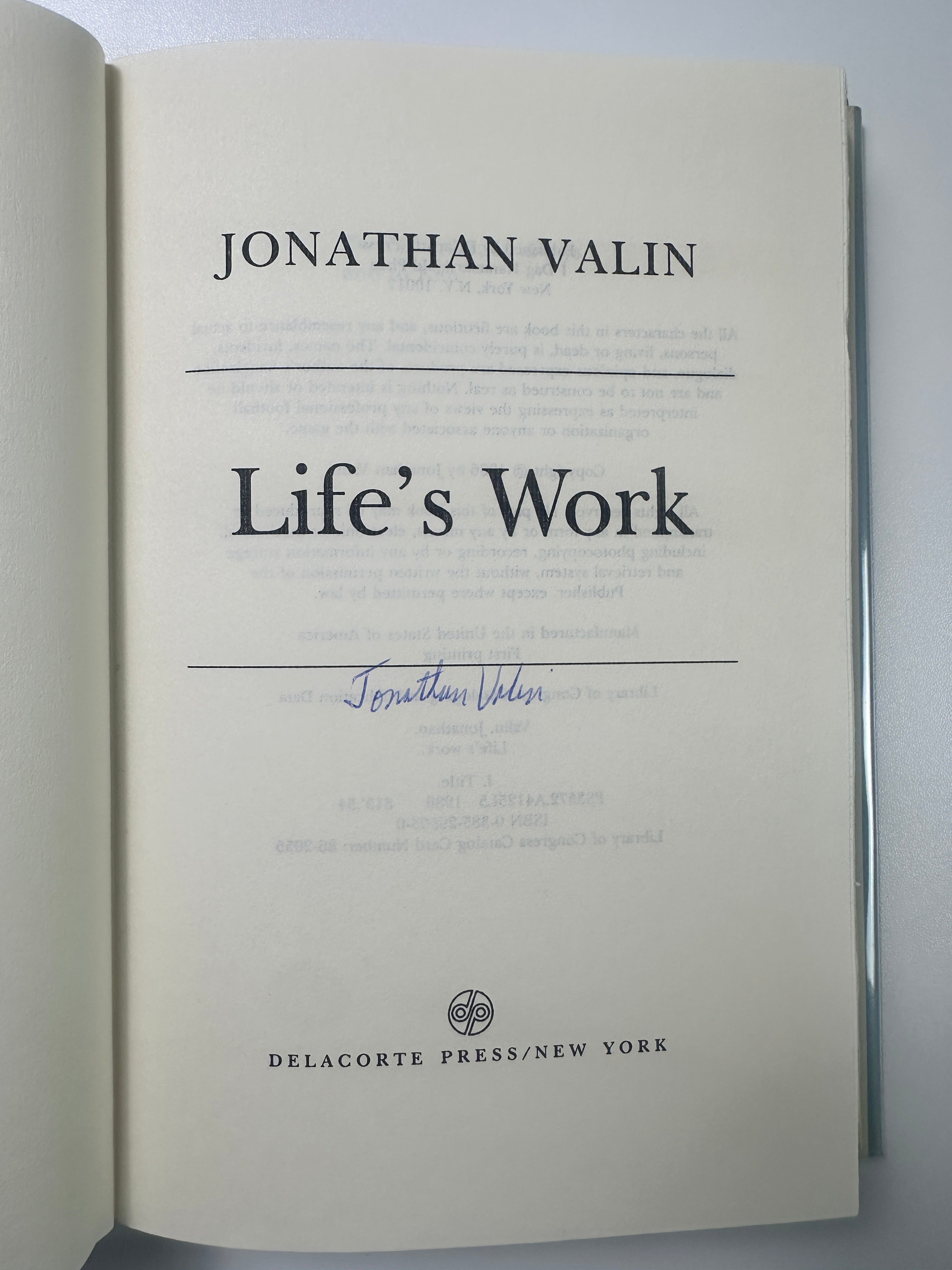 Life's Work SIGNED by Jonathan Valin