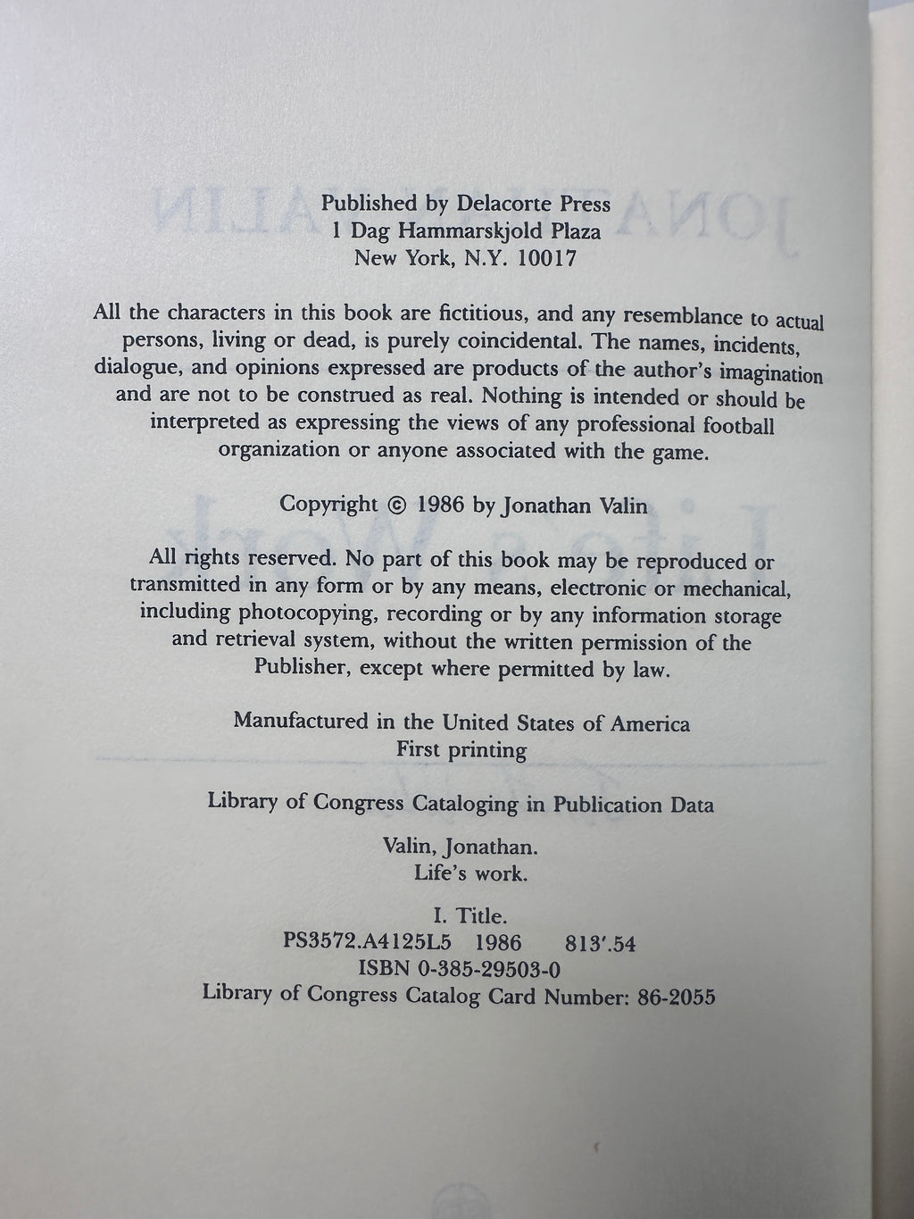 Life's Work SIGNED by Jonathan Valin
