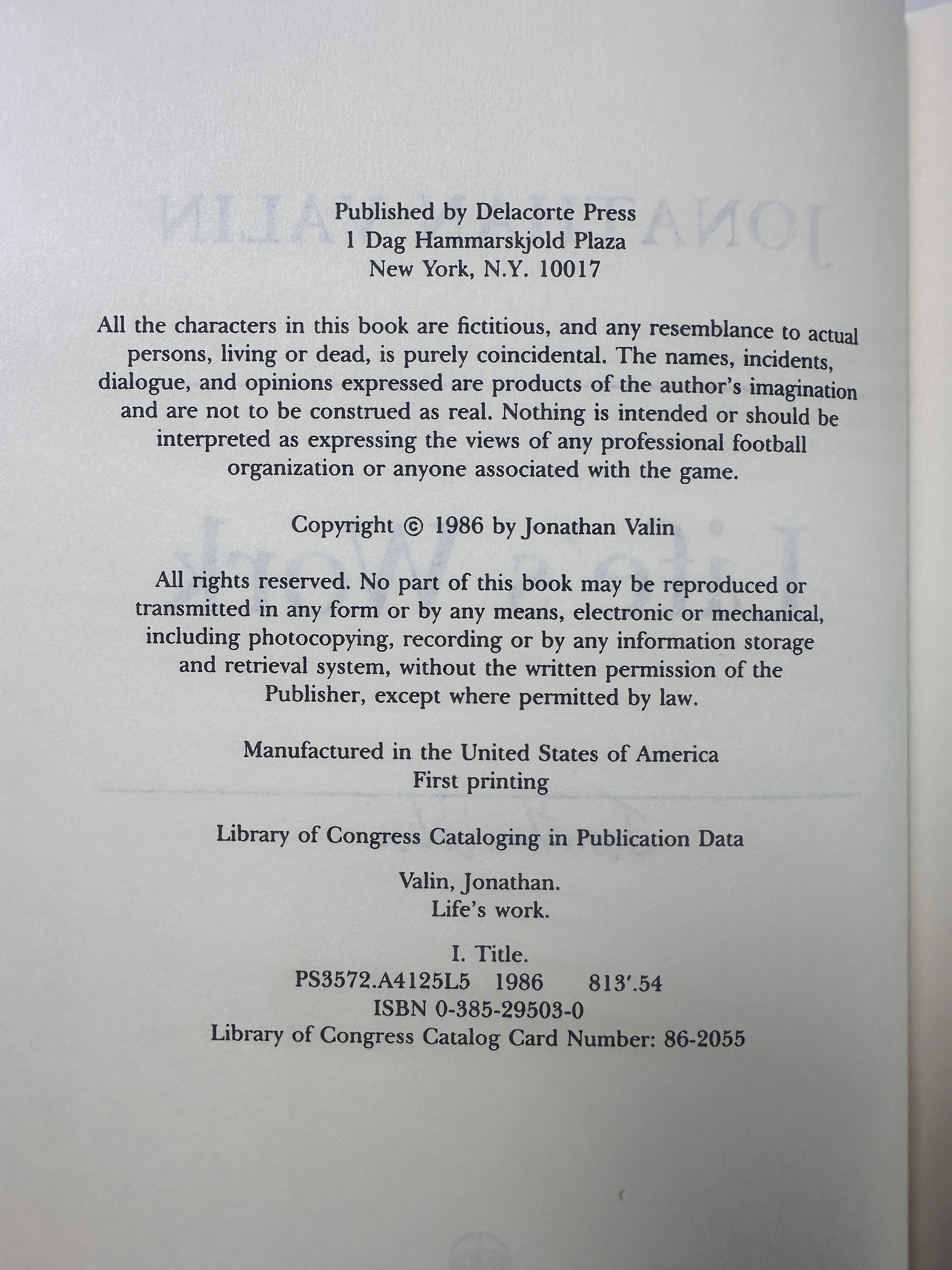 Life's Work SIGNED by Jonathan Valin