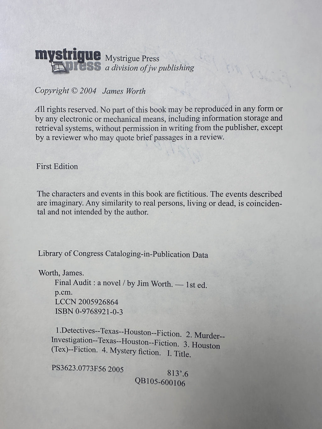 Final Audit (A Mystery) SIGNED by Jim Worth