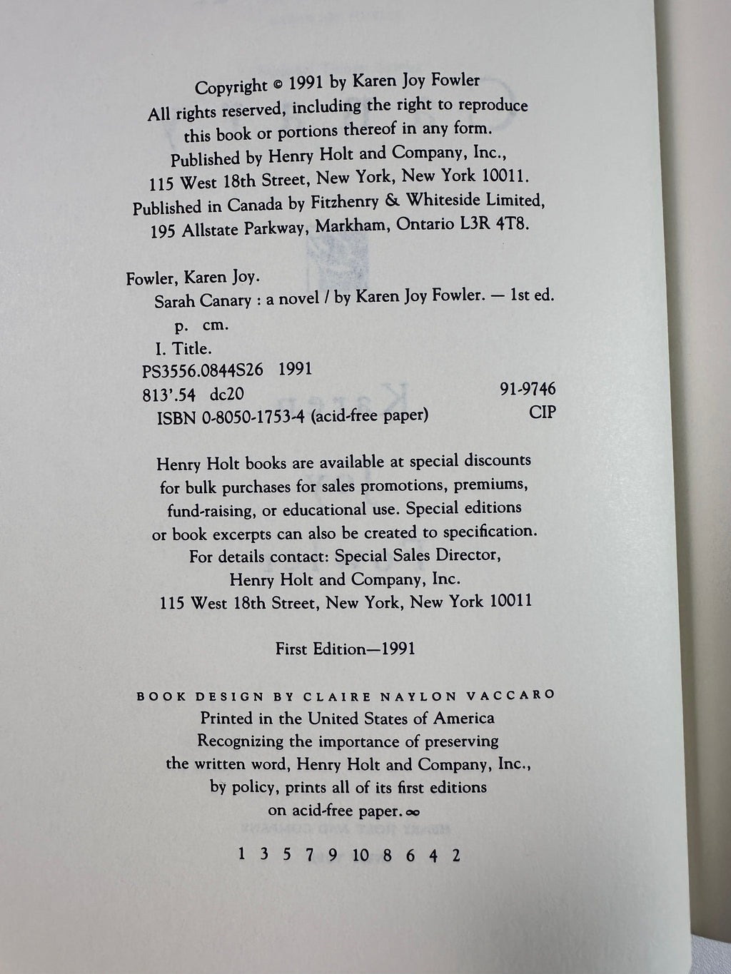 Sarah Canary by Karen Joy Fowler | First Edition