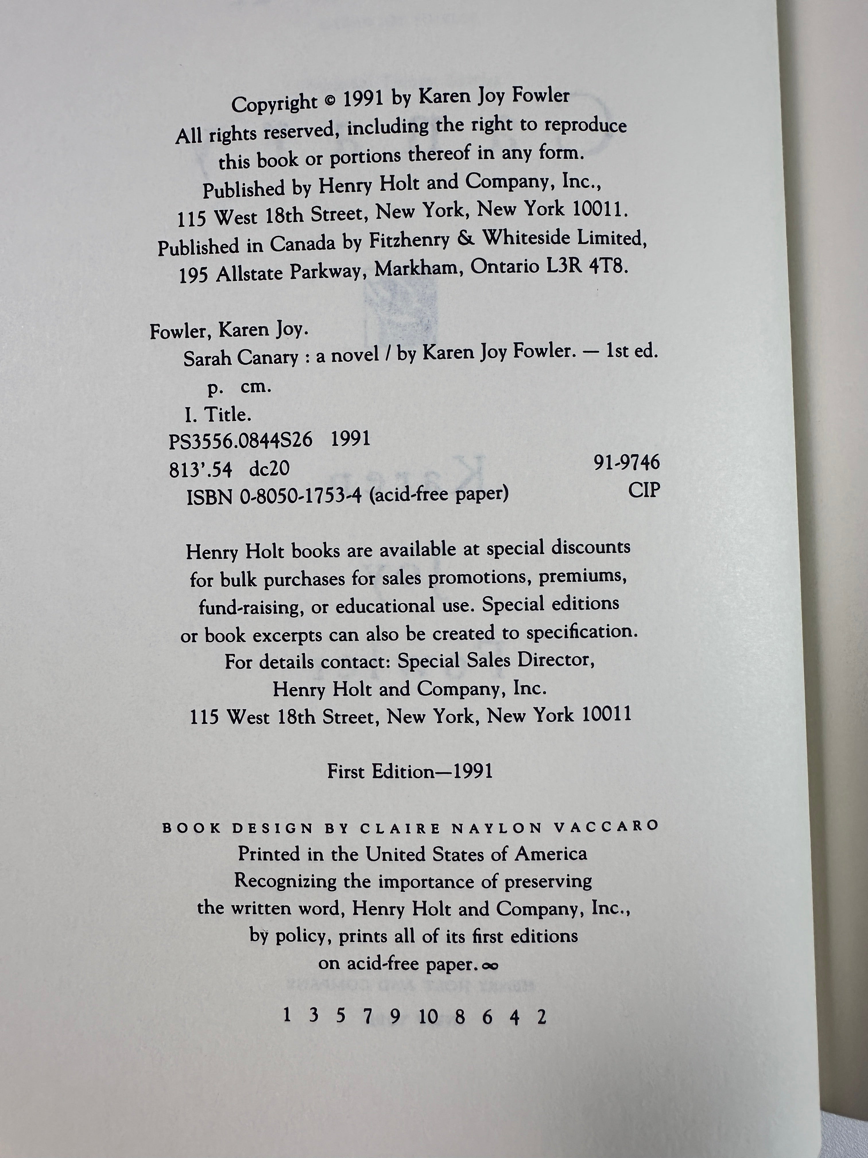 Sarah Canary by Karen Joy Fowler | First Edition