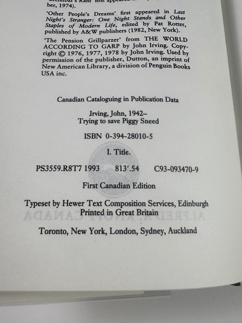 Trying To Save Piggy Sneed by John Irving | First Canadian Edition