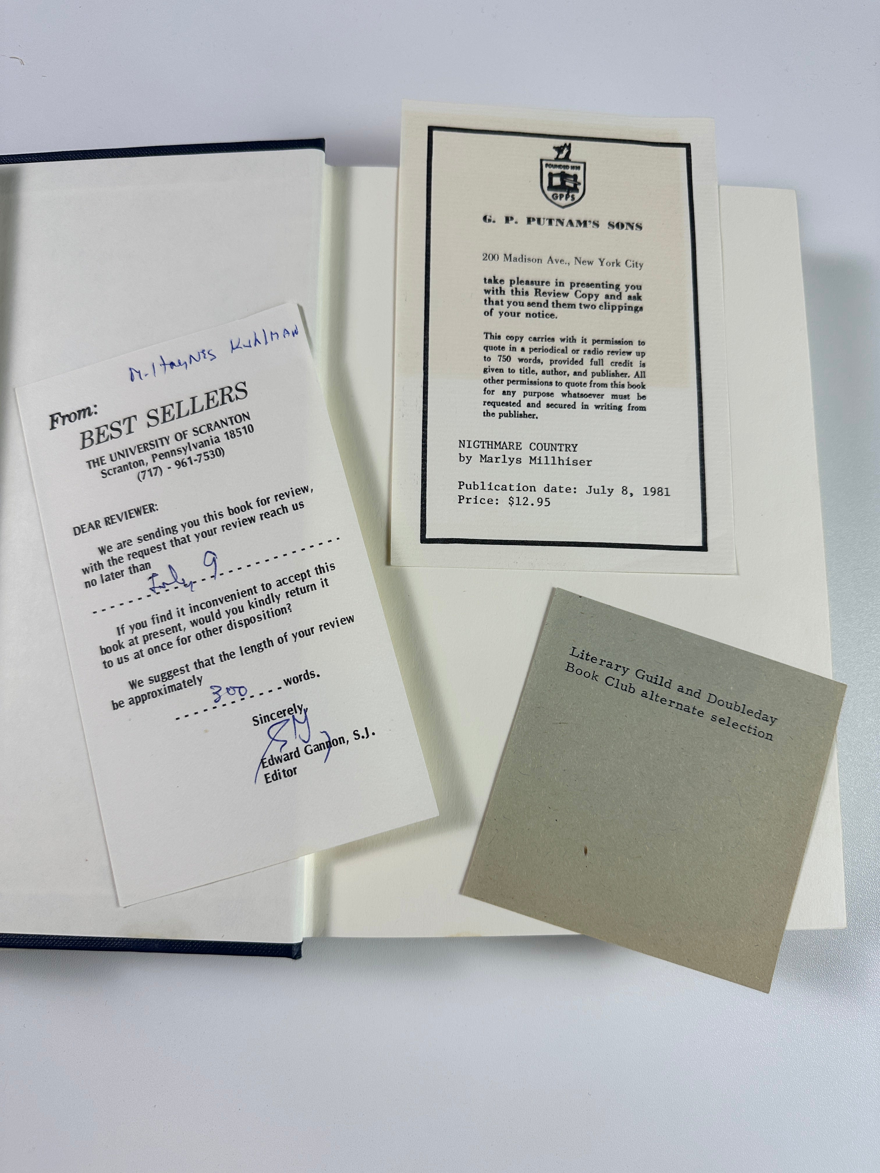 Nightmare Country by Marlys Millhiser | First Edition w/ Publisher Review Ephemera