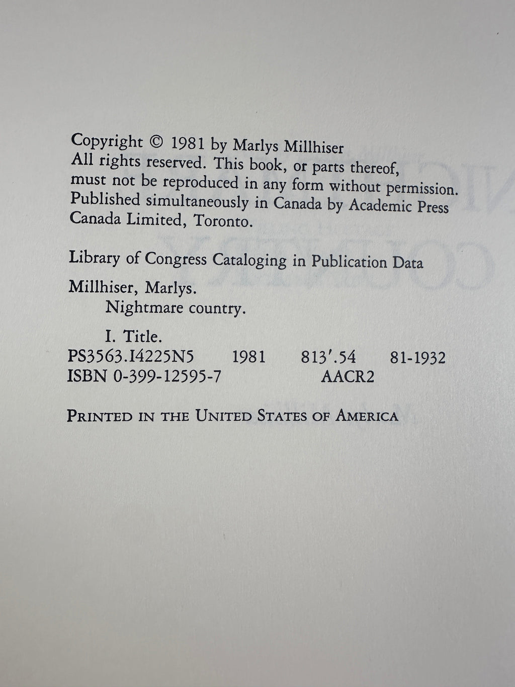 Nightmare Country by Marlys Millhiser | First Edition w/ Publisher Review Ephemera