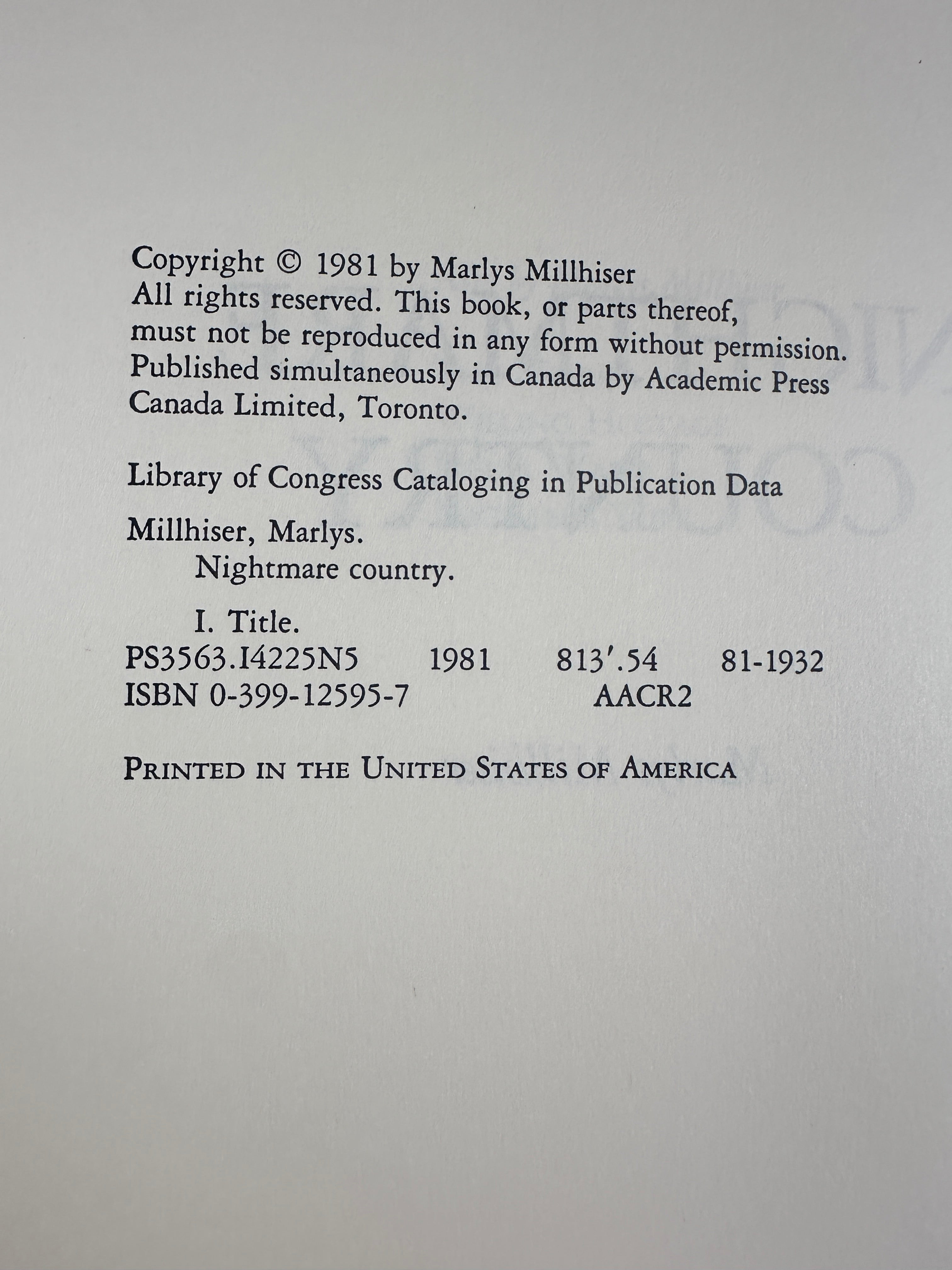 Nightmare Country by Marlys Millhiser | First Edition w/ Publisher Review Ephemera
