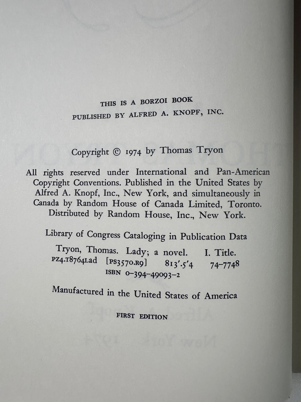 Lady by Thomas Tryon | First Edition