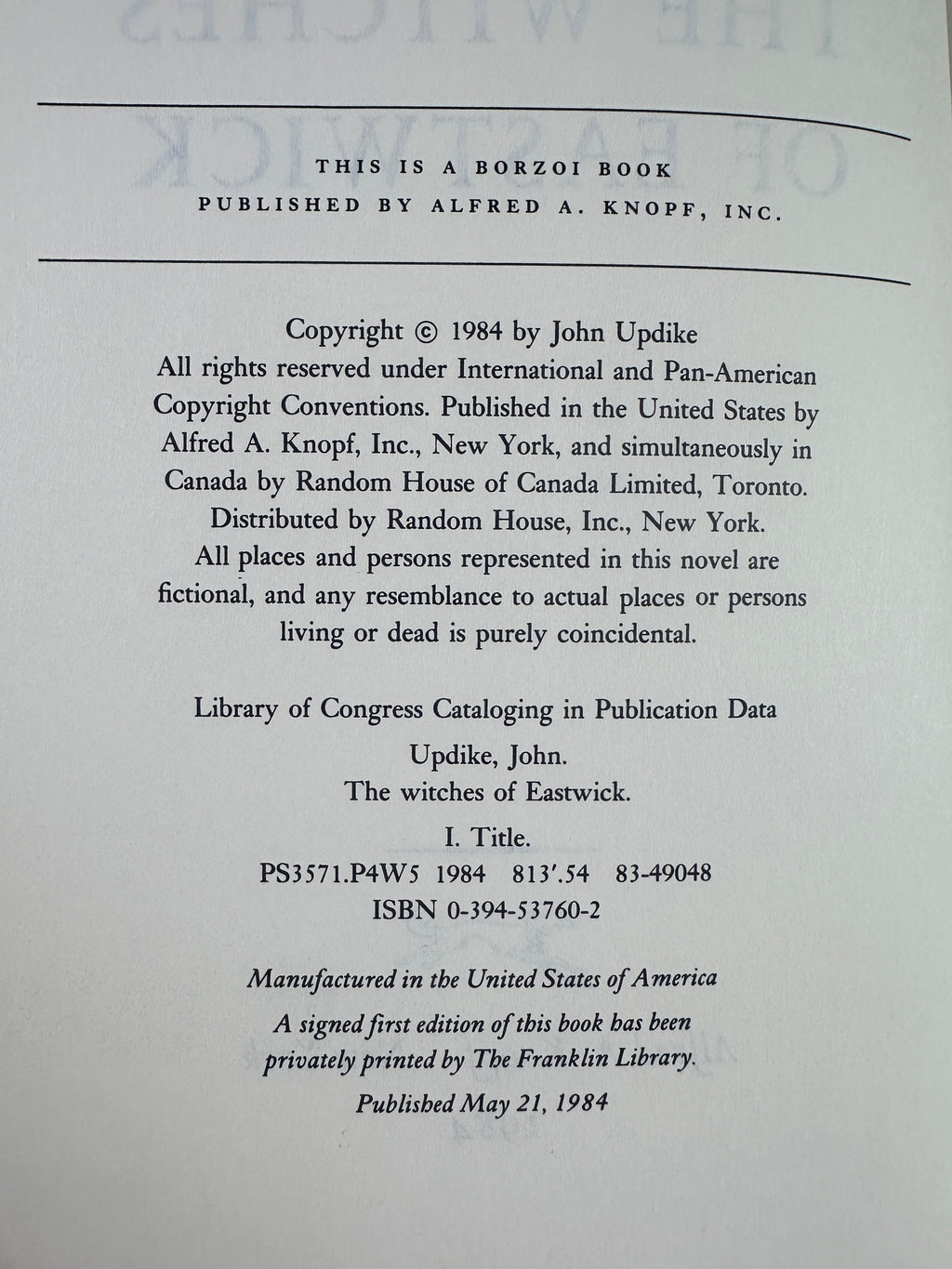 The Witches of Eastwick by John Updike | First Edition