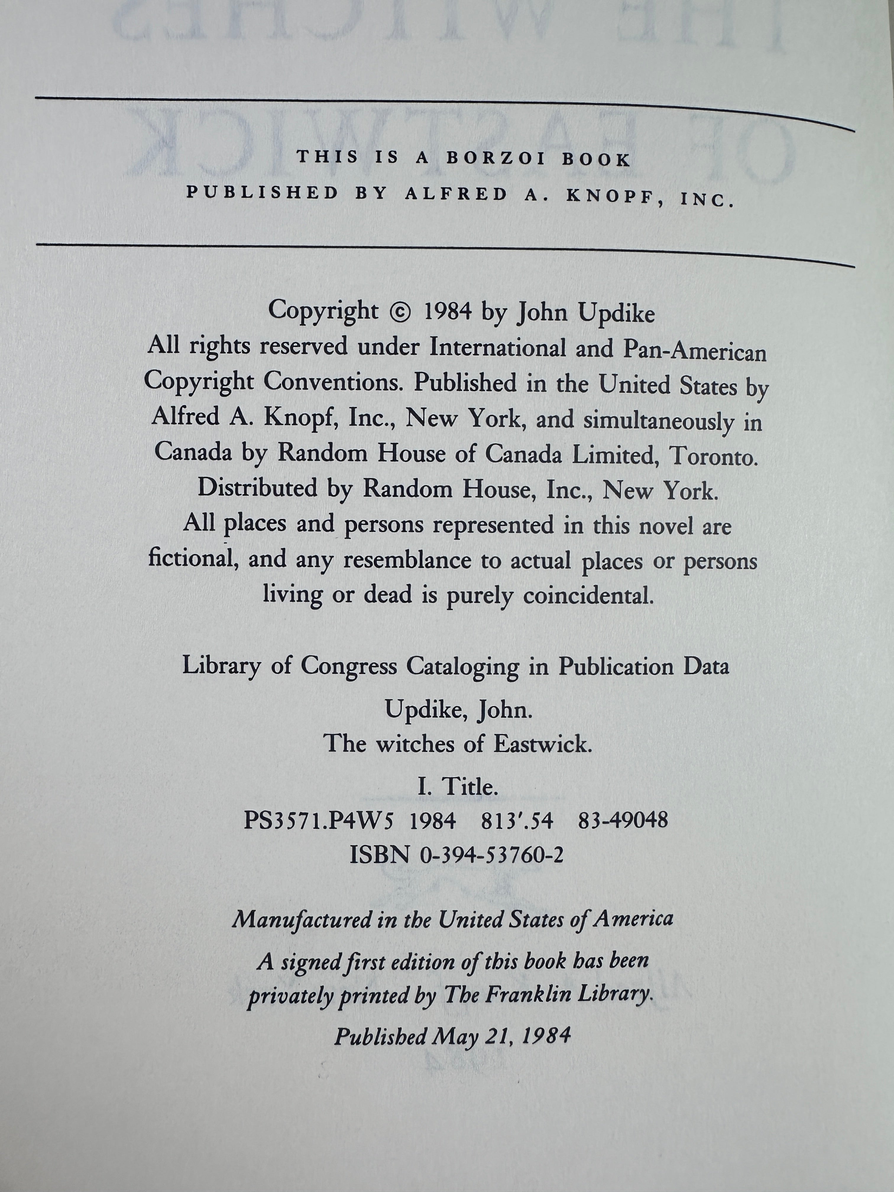 The Witches of Eastwick by John Updike | First Edition