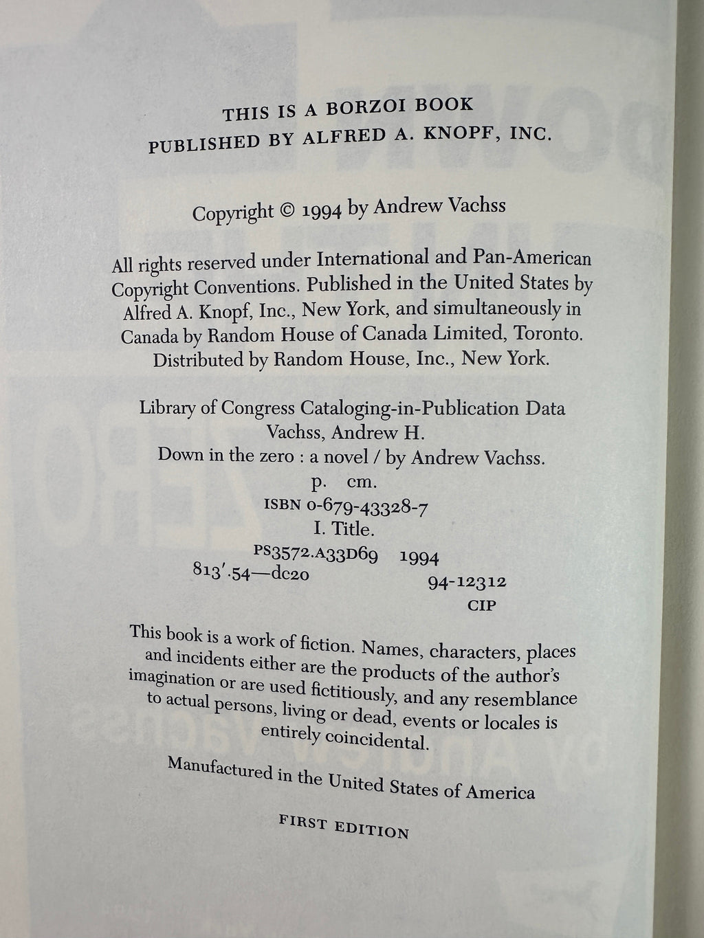 Down In The Zero by Andrew Vachss | First Edition