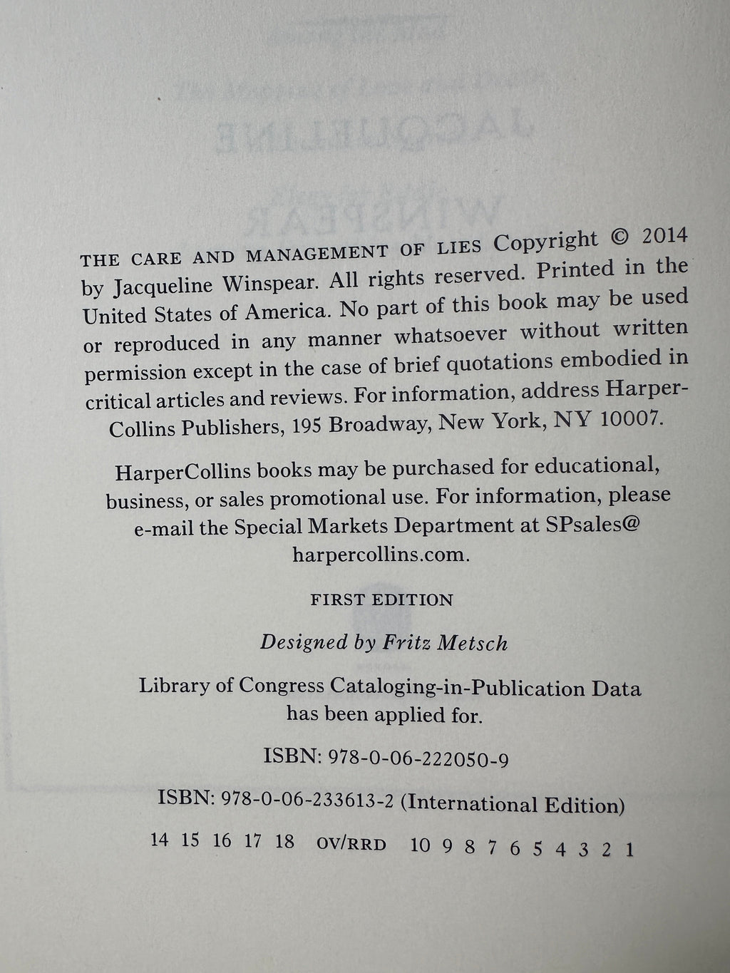 The Care and Management of Lies by Jacqueline Winspear | First Edition