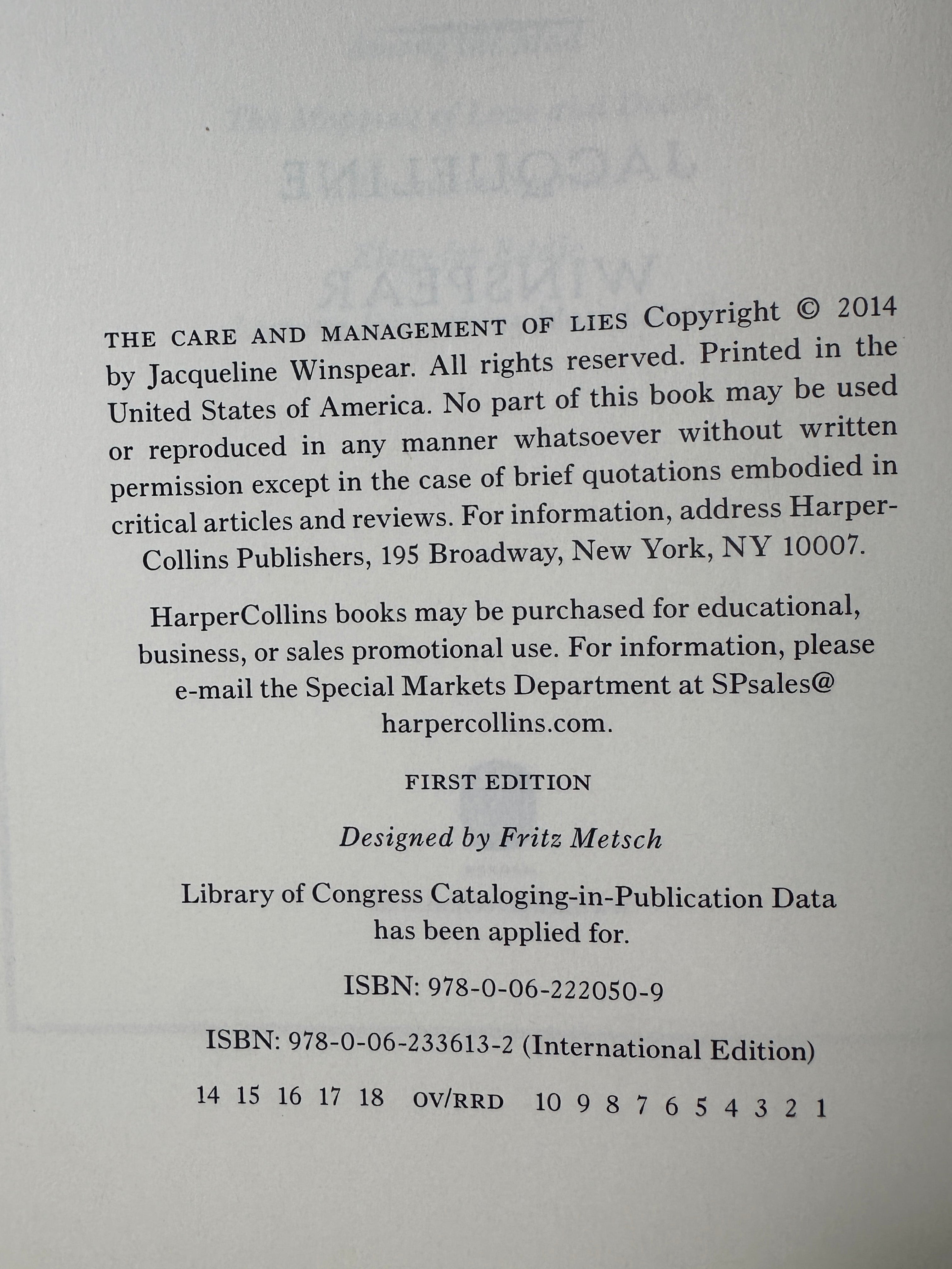 The Care and Management of Lies by Jacqueline Winspear | First Edition