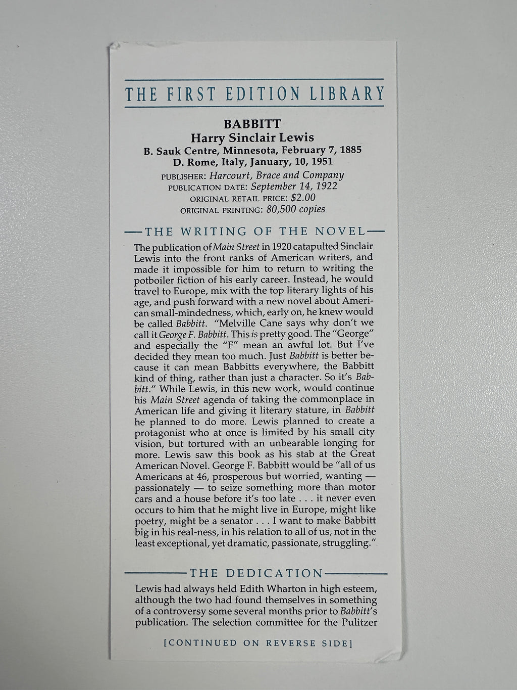 Babbitt by Sinclair Lewis | First Edition Library Facsimile | Slipcase & Publisher Insert
