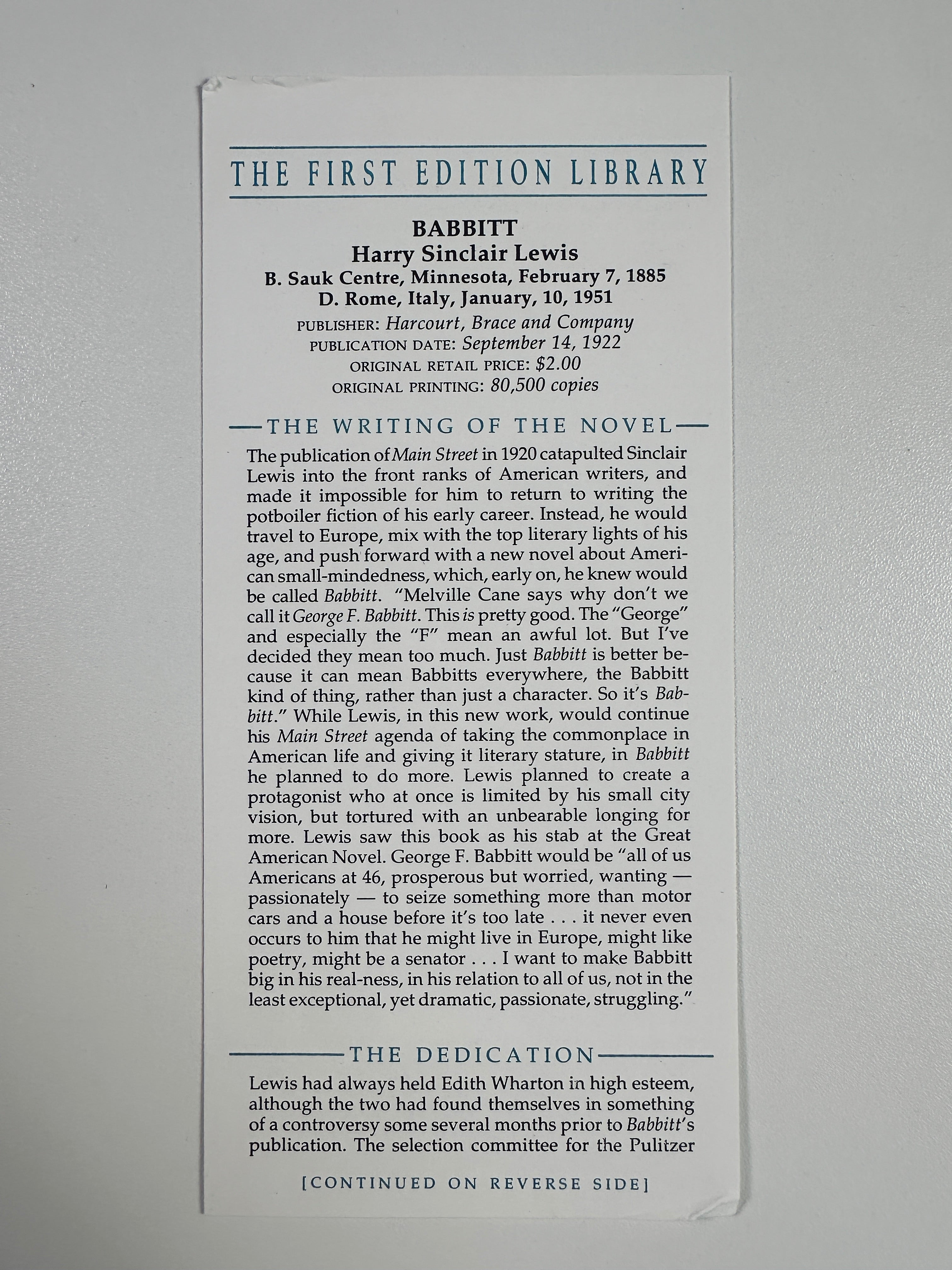 Babbitt by Sinclair Lewis | First Edition Library Facsimile | Slipcase & Publisher Insert