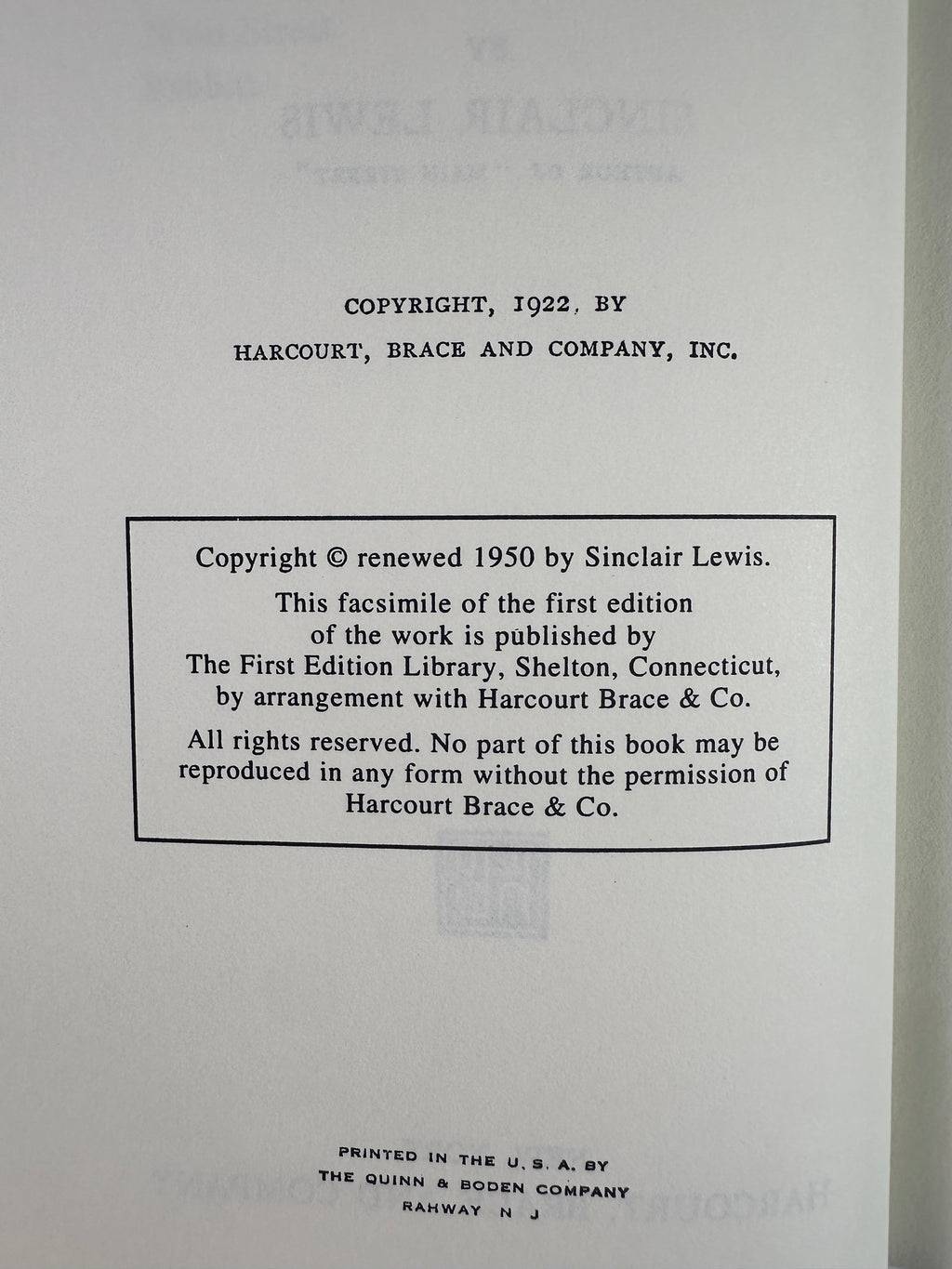 Babbitt by Sinclair Lewis | First Edition Library Facsimile | Slipcase & Publisher Insert