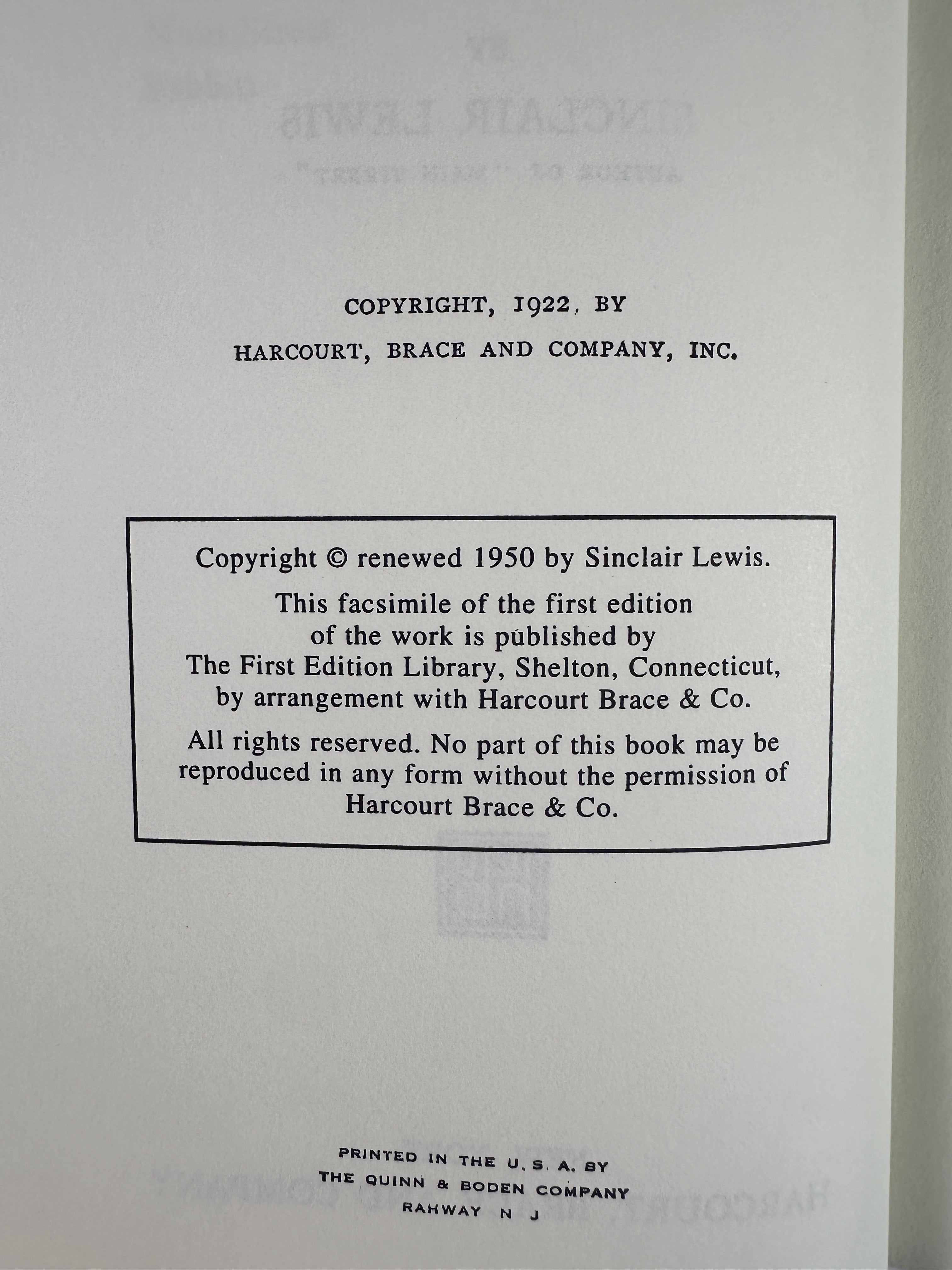 Babbitt by Sinclair Lewis | First Edition Library Facsimile | Slipcase & Publisher Insert