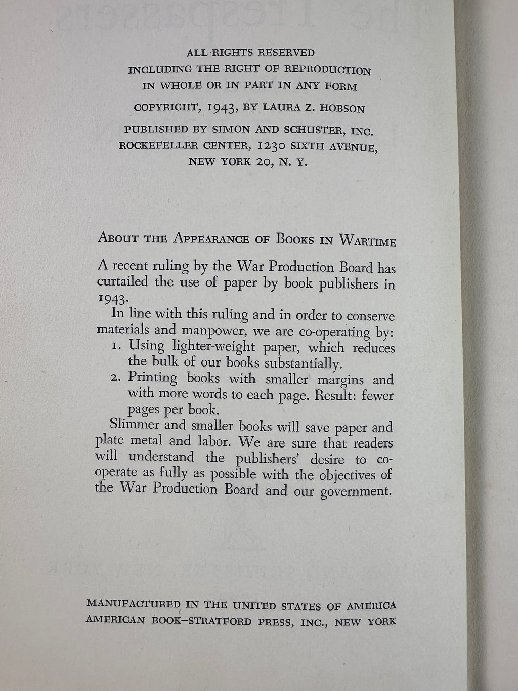 The Trespassers by Laura Z. Hobson | 1943 First Edition